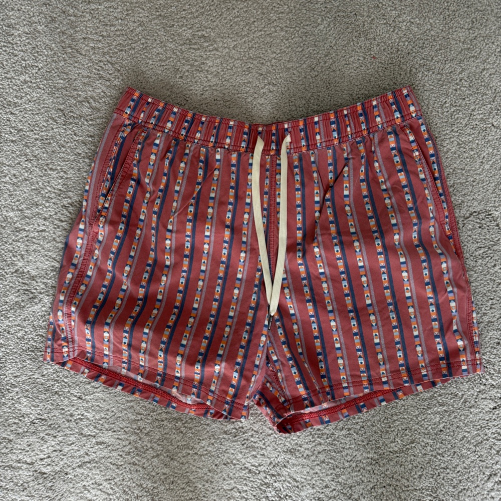 Fair Harbor Red Striped Swim Trunks with Navy and White Accents